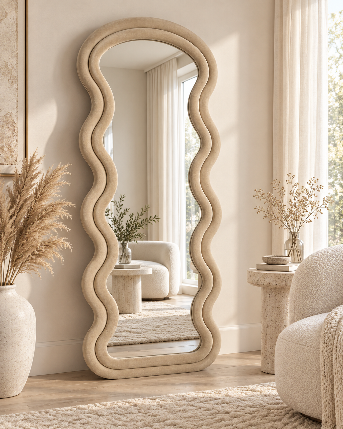 Wellenförmiger Ganzkörperspiegel Beige mit Stoffrahmen