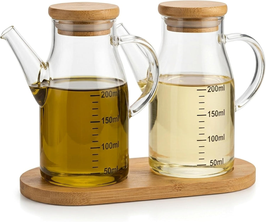 2er Öl Essig Spender Set 2*200 ml Glas mit Bambusdeckel inkl.Bambusständer