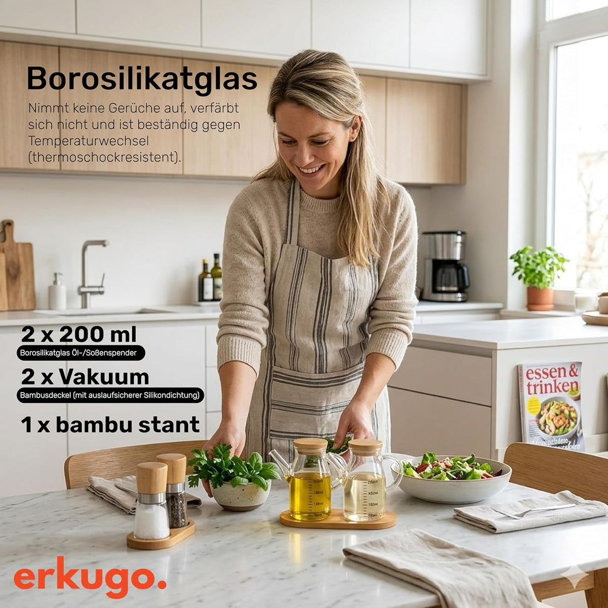2er Öl Essig Spender Set 2*200 ml Glas mit Bambusdeckel inkl.Bambusständer