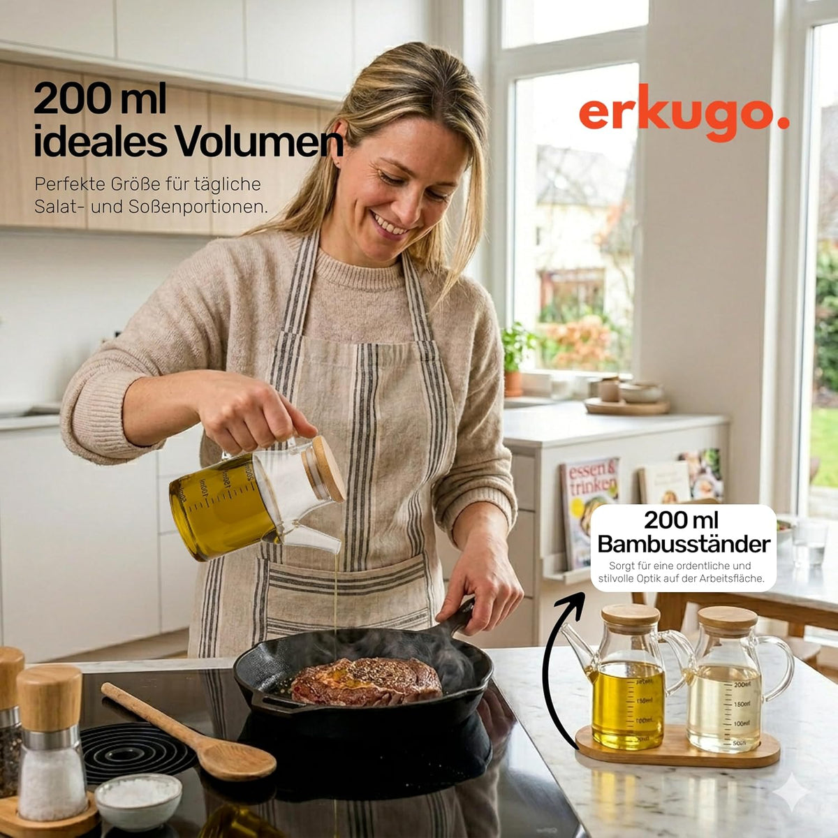 2er Öl Essig Spender Set 2*200 ml Glas mit Bambusdeckel inkl.Bambusständer