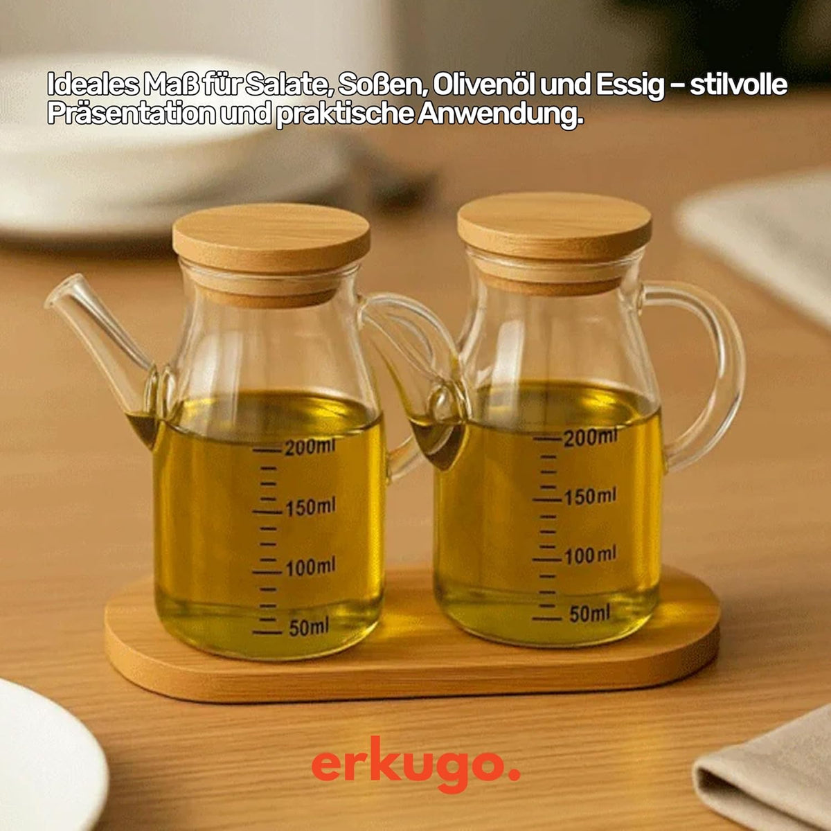 2er Öl Essig Spender Set 2*200 ml Glas mit Bambusdeckel inkl.Bambusständer